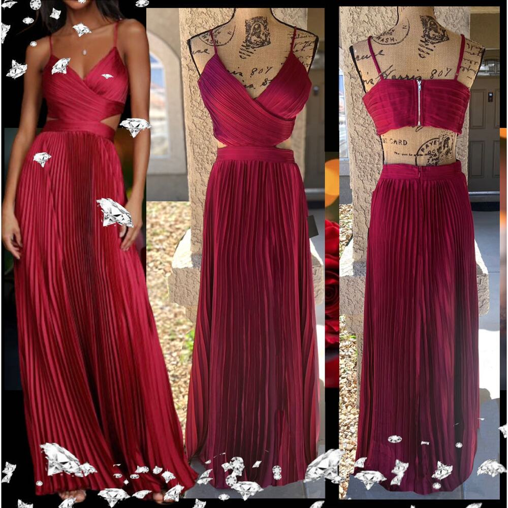 Lulus Pleated Cutout Wine Red Got the Glam Maxi Dress  Size L